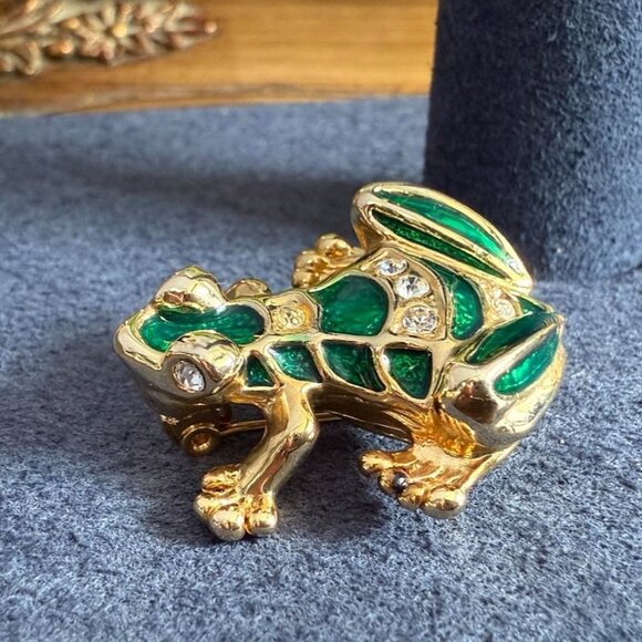 Vintage Frog Pin Enamel Rhinestone Gold Tone Signed Nat Landau Hyman NLH - Picture 3 of 10